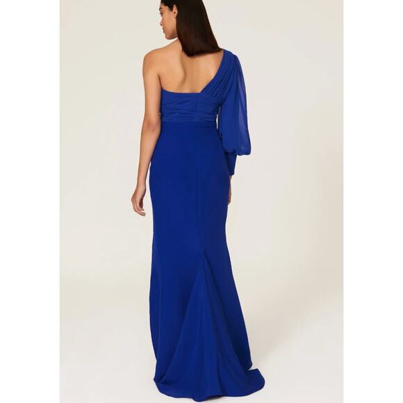 Elle Zeitoune Blue One Shoulder Structured Gown LARGE Formal Slit Designer $410 - Picture 3 of 12
